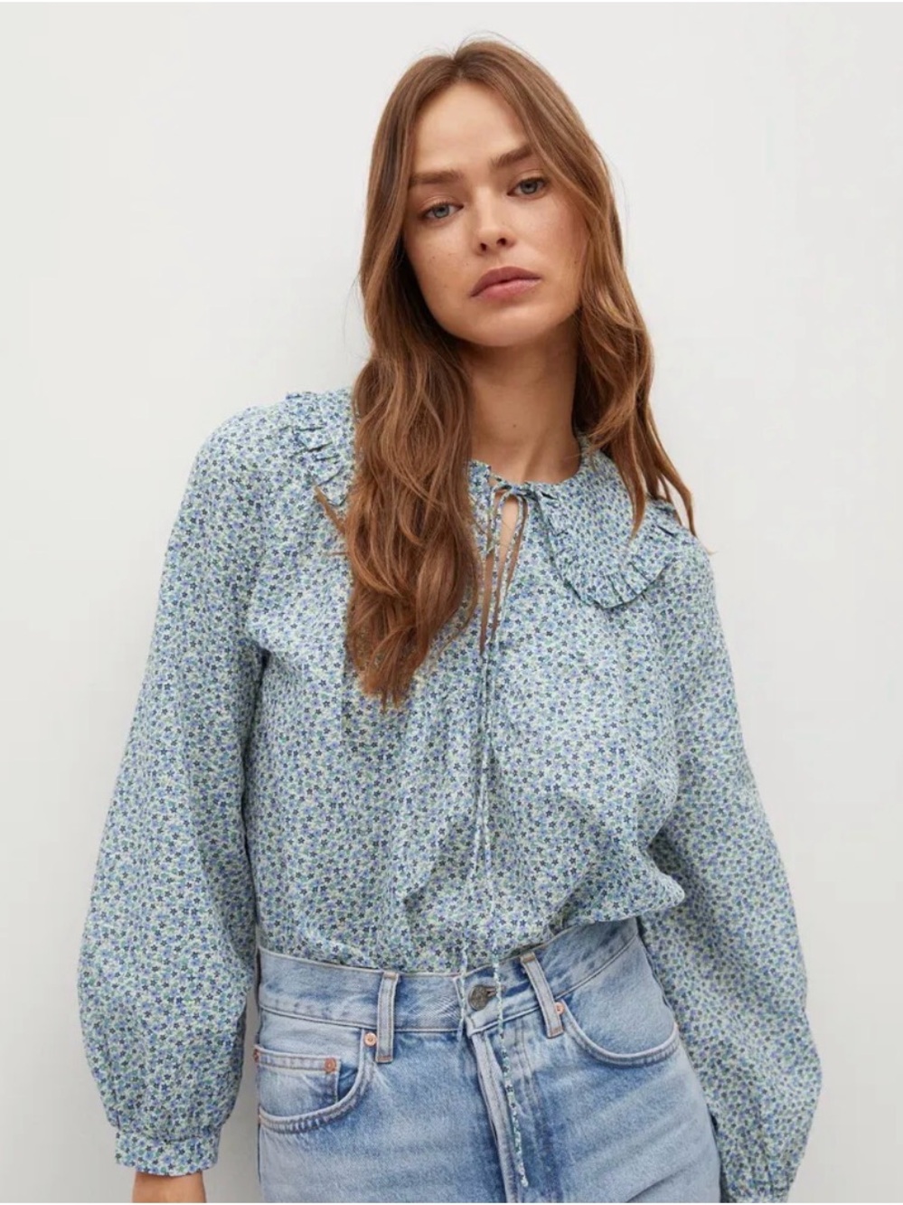 Mango Light Blue Floral Tie-Neck Ruffle Collar Blouse Ditsy Floral 4